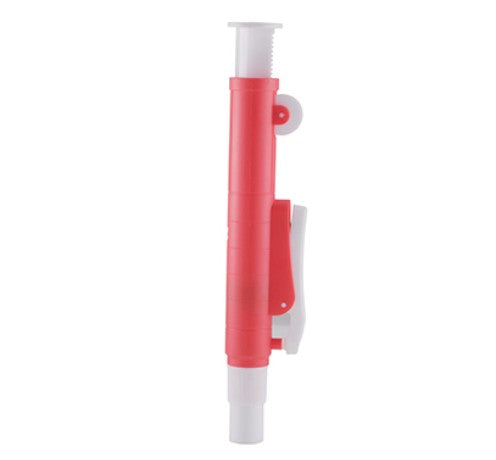 A red pipette filler with a handwheel and piston, designed for transferring liquids in laboratory settings.