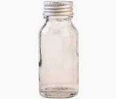 Clear glass bottle with a silver cap on a white background