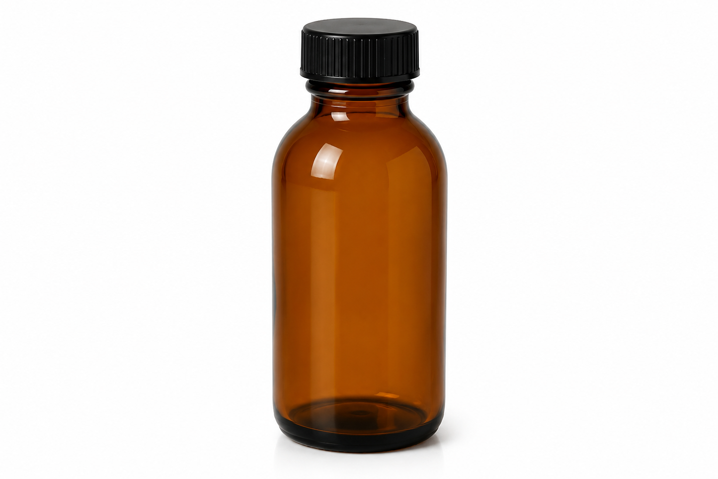 Amber glass bottle with a black cap on a