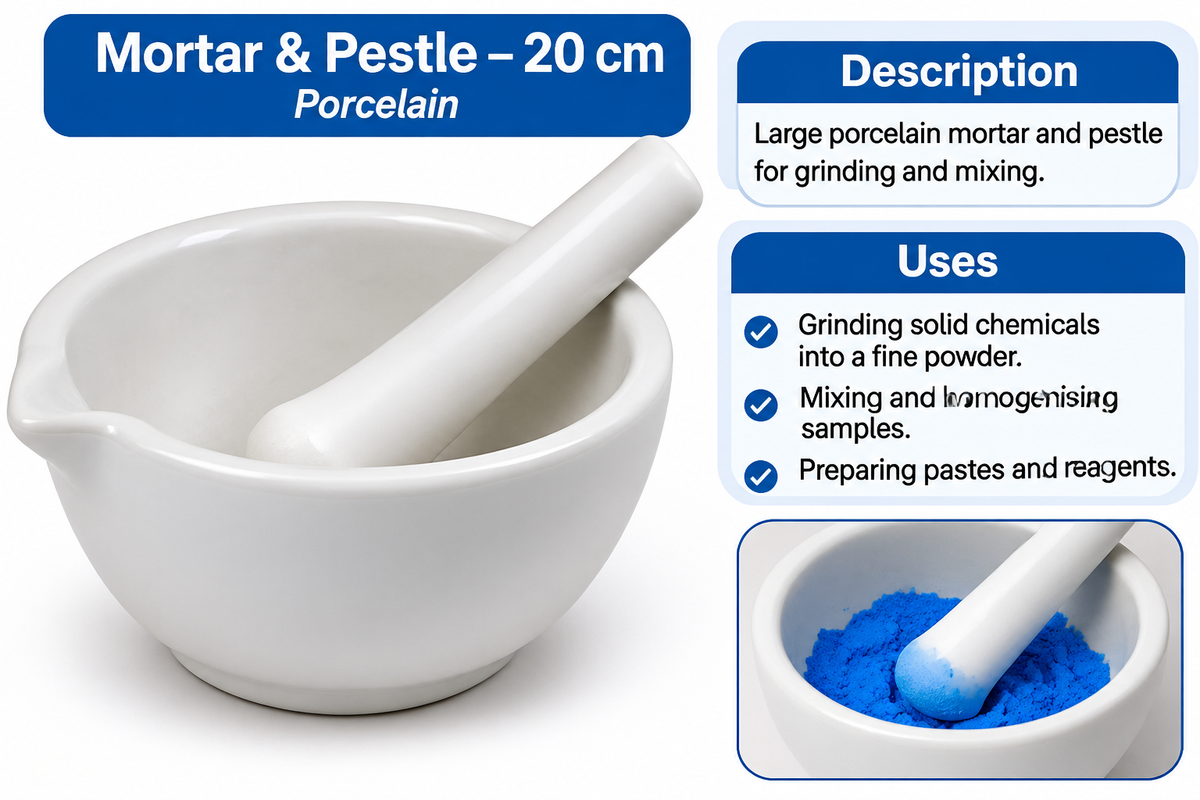 White porcelain mortar and pestle set shown on a light gray background, with text panels describing the product as a 20 cm mortar and pestle, plus a small inset showing blue powder being ground in the mortar.