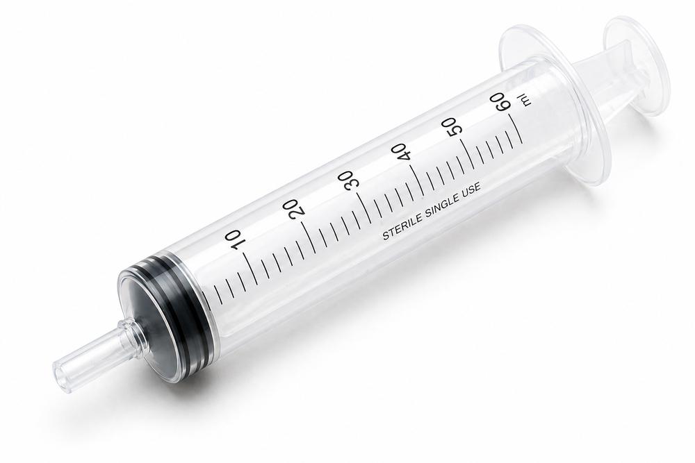 A 60 mL sterile single-use syringe with clear plastic body and plunger, black measurement markings, and a black rubber plunger seal, shown on a white background.