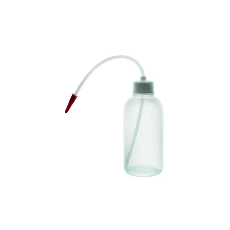 Clear plastic wash bottle with a white nozzle and red tip on a white background