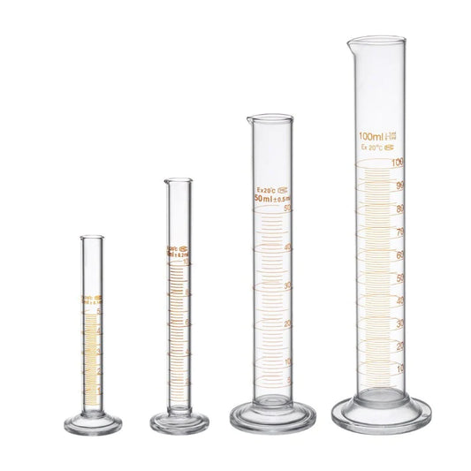 A clear glass measuring cylinder with precise graduations, designed for accurate volume measurement in laboratory settings.