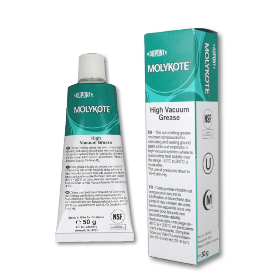 A 50g tube of Molykote Dow Corning High Vacuum Grease, ideal for sealing and lubricating in high-vacuum and pressure systems.