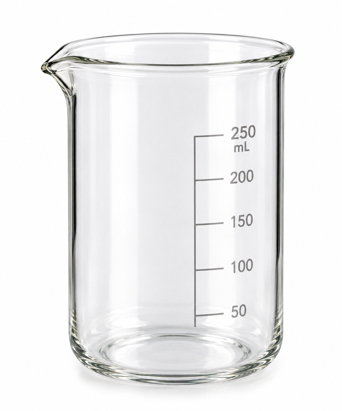 Clear glass laboratory beaker with printed black volume markings from 50 mL to 250 mL, shown on a white background.
