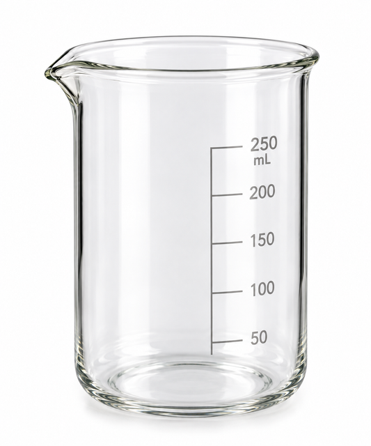 Clear glass laboratory beaker with printed black volume markings from 50 mL to 250 mL, shown on a white background.