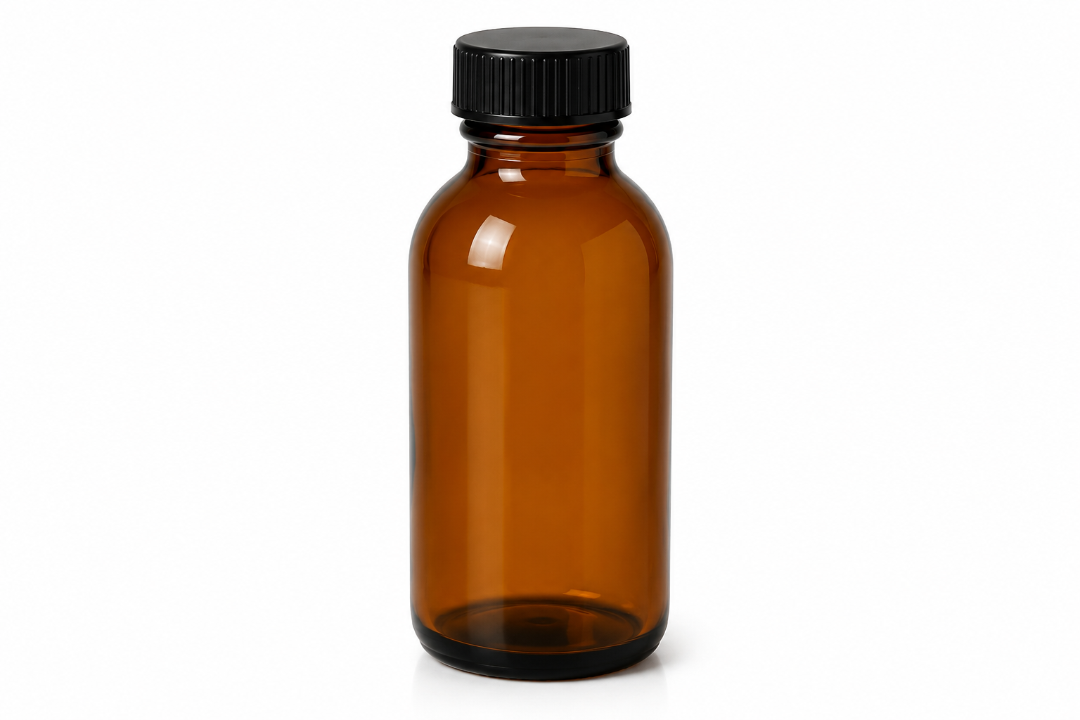 Amber glass bottle with a black cap on a