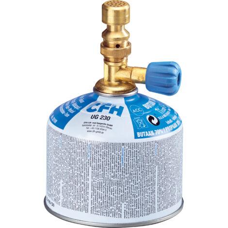A CFH UG 230 butane gas cylinder with a brass nozzle and a blue cap, shown on a plain white background.