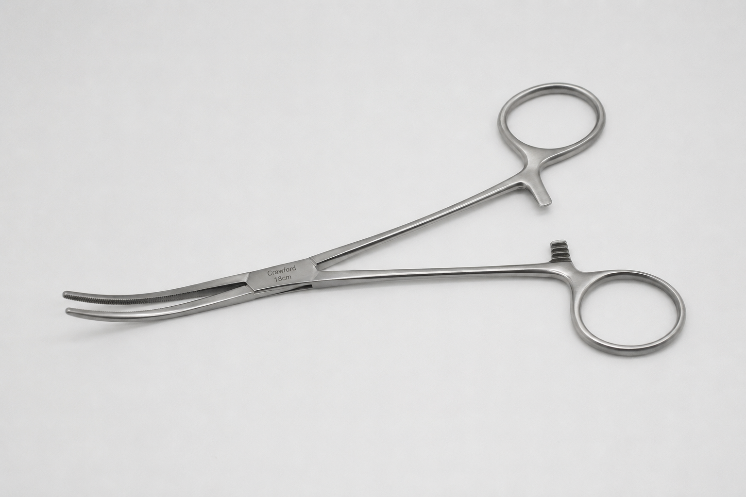 stainless steel surgical forceps featuring curved, serrated jaws for secure tissue handling and clamping