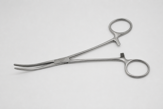 stainless steel surgical forceps featuring curved, serrated jaws for secure tissue handling and clamping