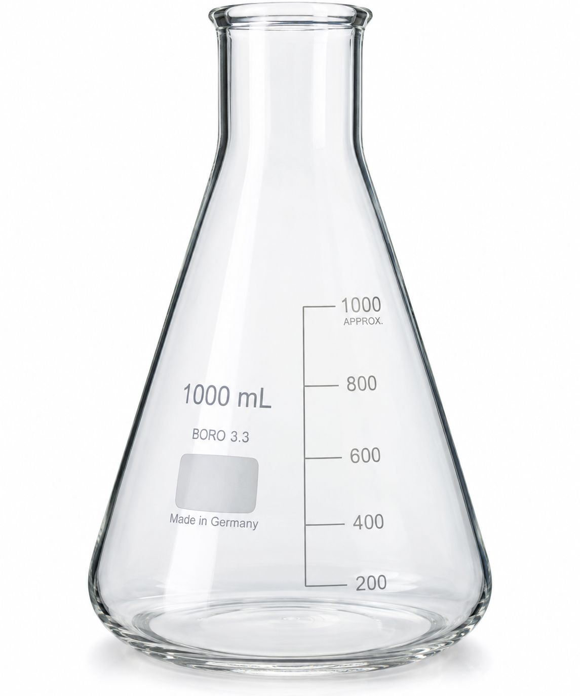 Clear glass Erlenmeyer flask with 1000 mL measurement markings and 'BORO 3.3' printed on the side, shown on a white background.