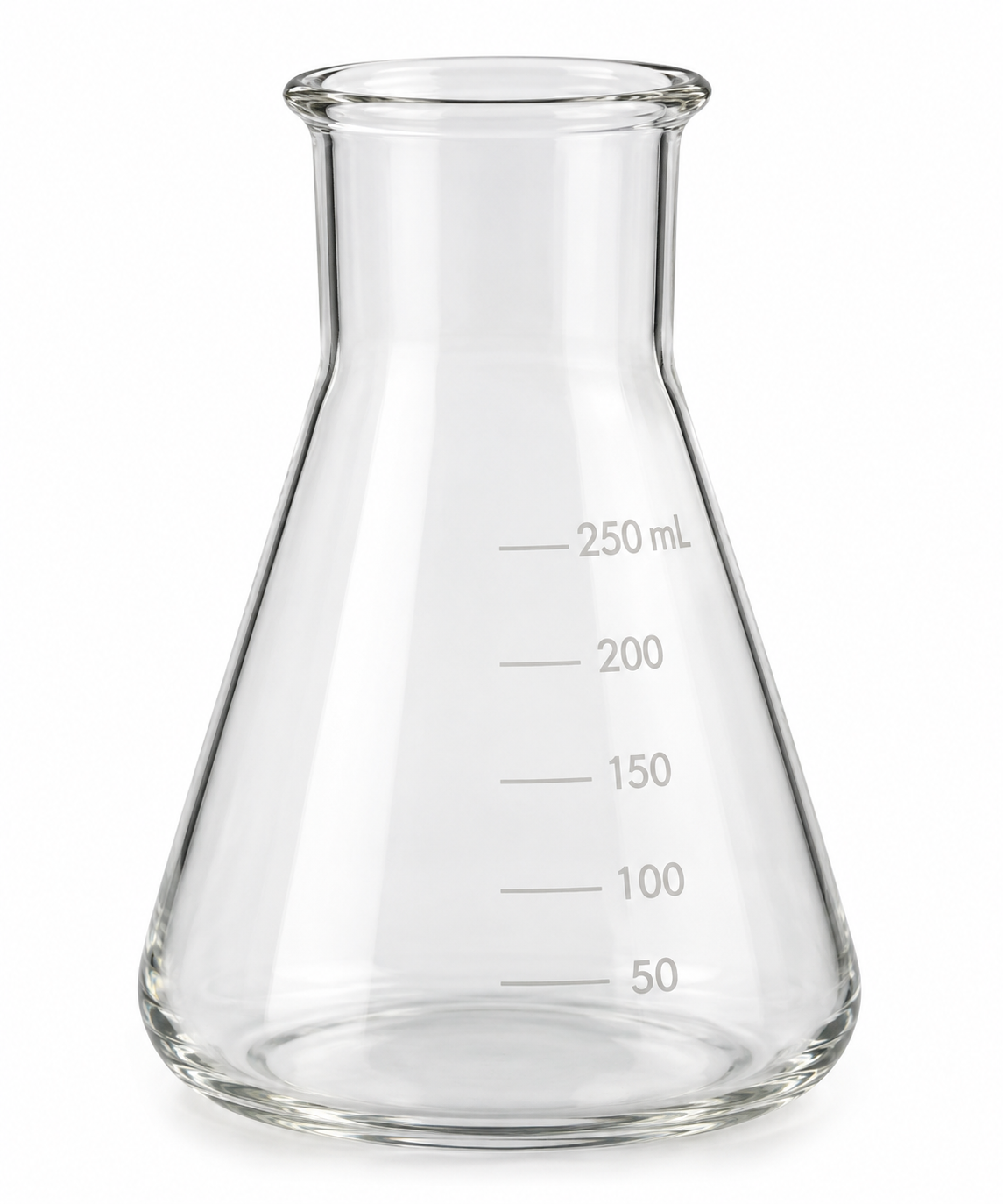 Clear glass Erlenmeyer flask with printed volume markings for 50 mL, 100 mL, 150 mL, 200 mL, and 250 mL on a white background.