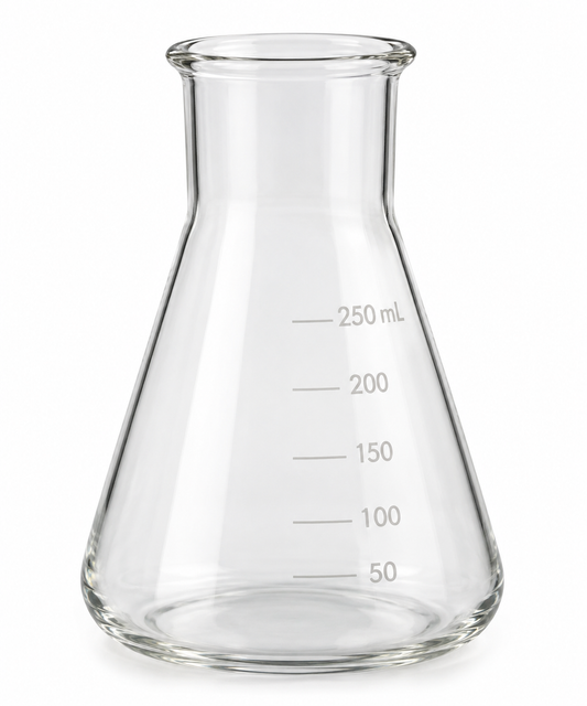 Clear glass Erlenmeyer flask with printed volume markings for 50 mL, 100 mL, 150 mL, 200 mL, and 250 mL on a white background.