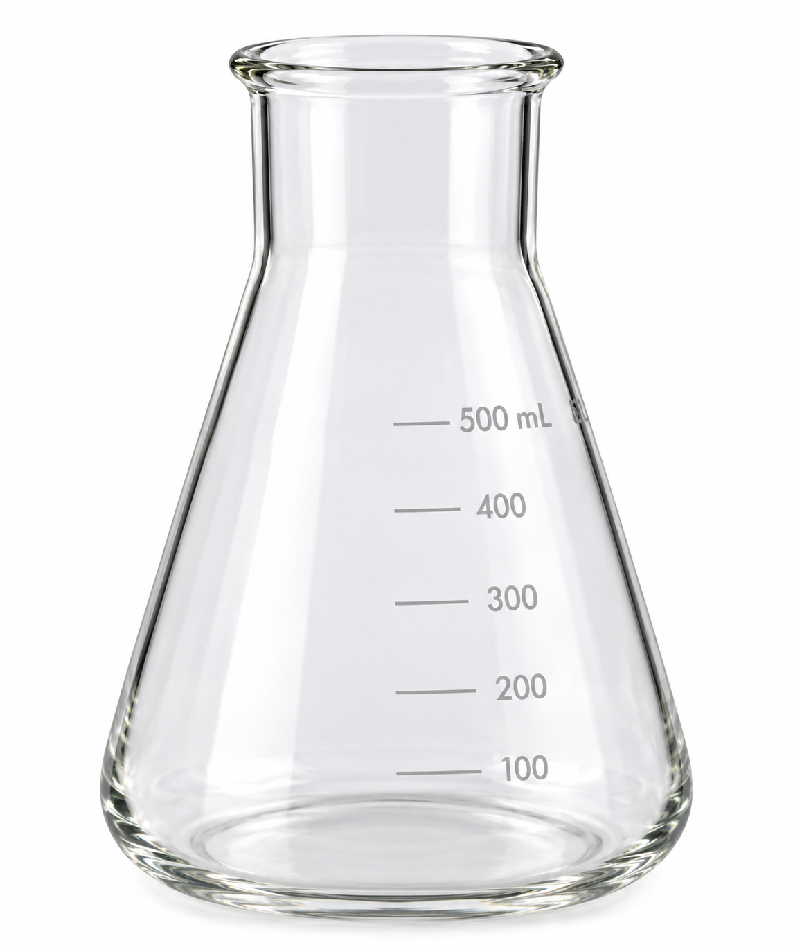 Clear glass Erlenmeyer flask with printed volume markings from 100 mL to 500 mL on a white background.
