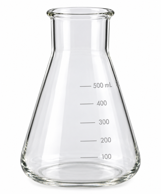 Clear glass Erlenmeyer flask with printed volume markings from 100 mL to 500 mL on a white background.