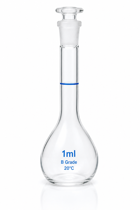 Clear glass volumetric flask with measurement details on a white background