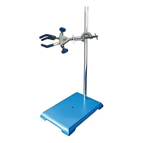 A blue and silver metal lab stand with a rectangular base, vertical support rod, and adjustable clamp holding blue accessories, shown on a plain white background.